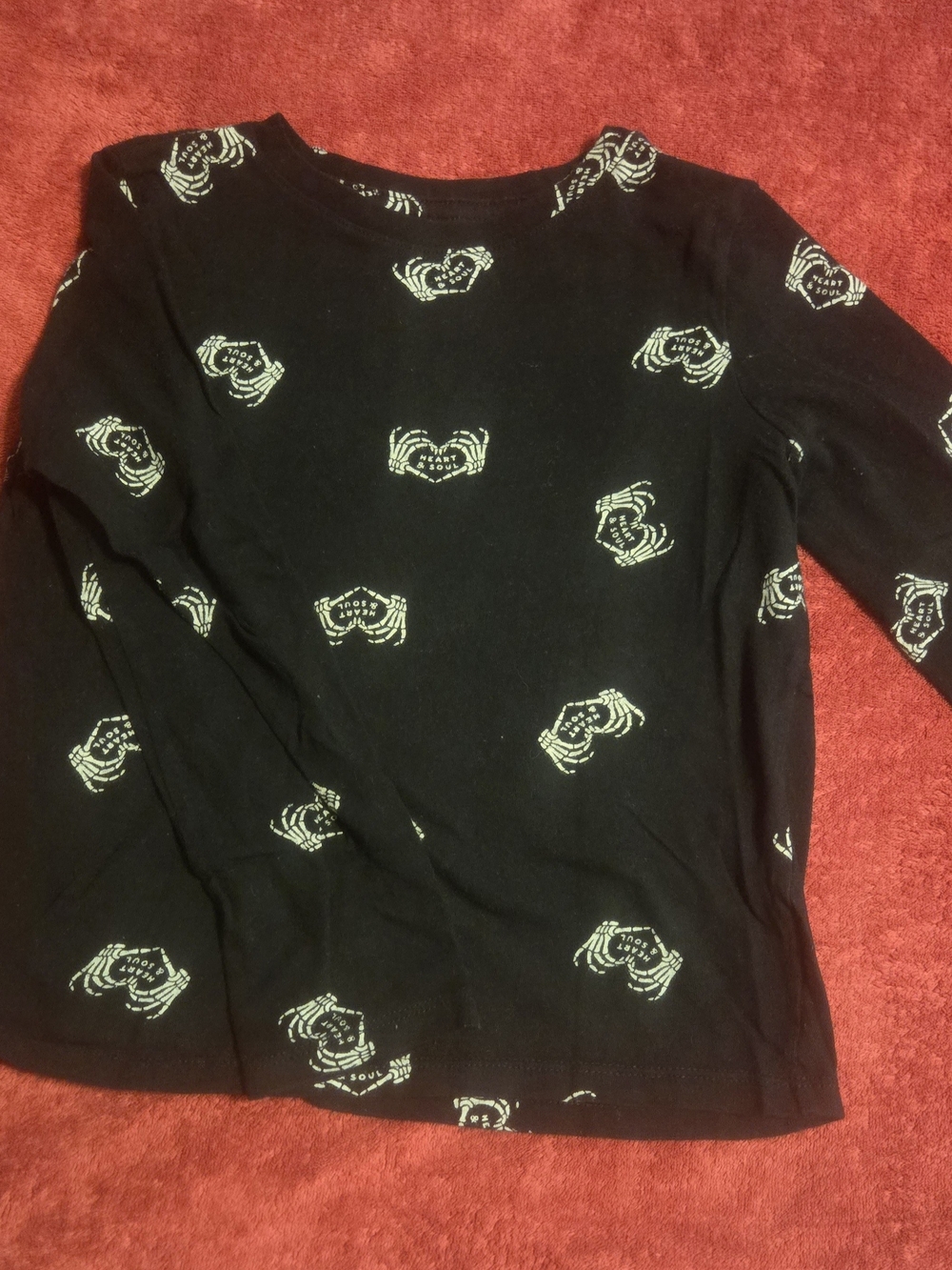 Old Navy Black Long Sleeve Softest Tee with White Heart-Skeleton Hand Motif
